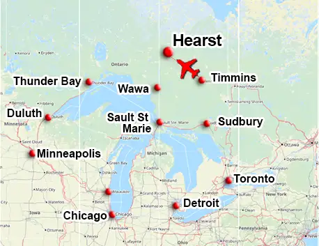 Charter flight route to Hearst Ontario